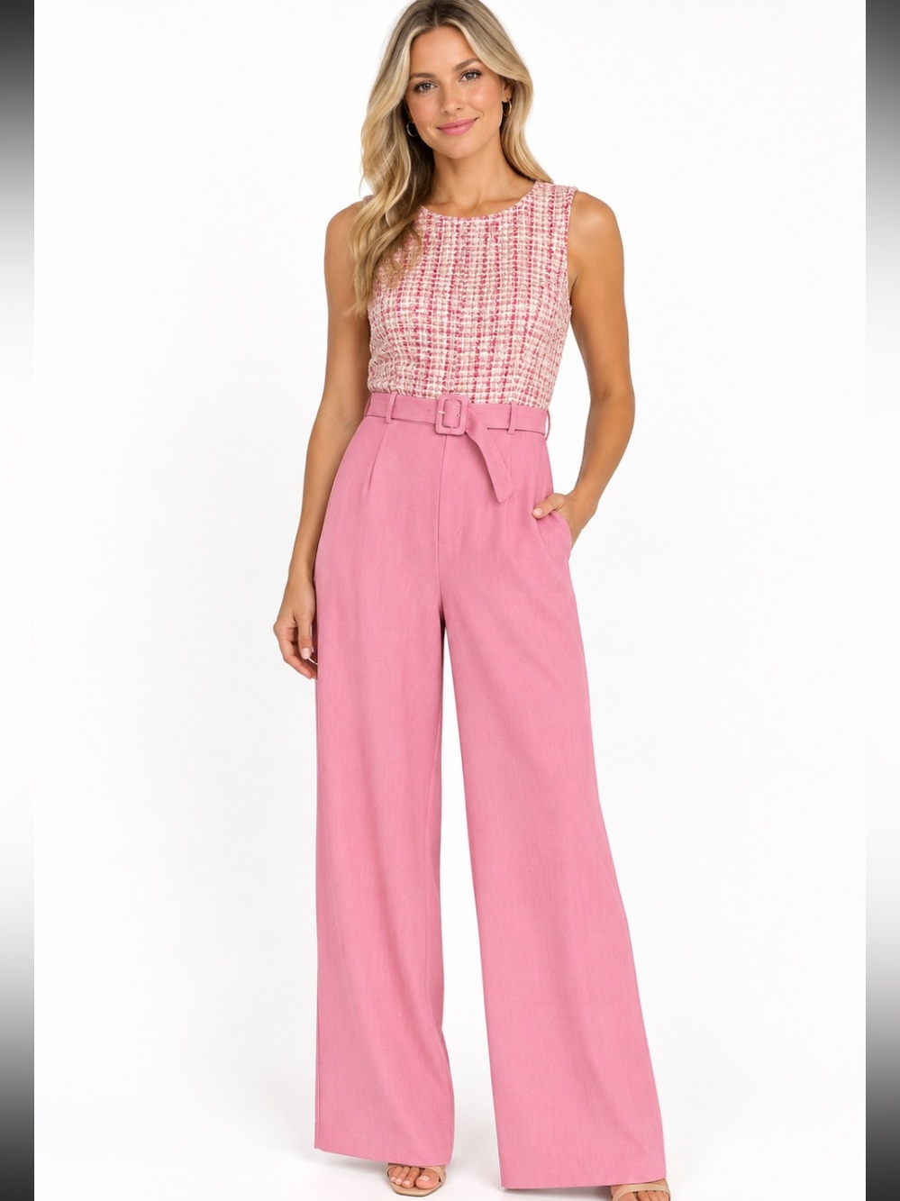 VENUS Pink Tweed Bodice Sleeveless Wide Leg Jumpsuit L NWT